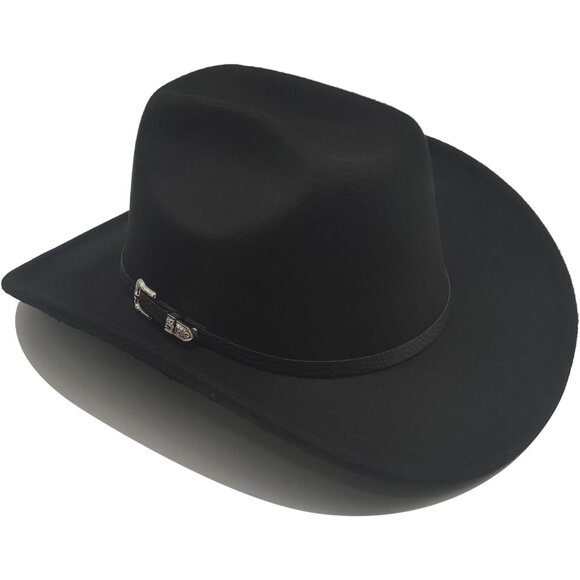 Unisex Black Western with Leather Buckle Band Classic Fedora Cowboy Felt Hat - Picture 3 of 7